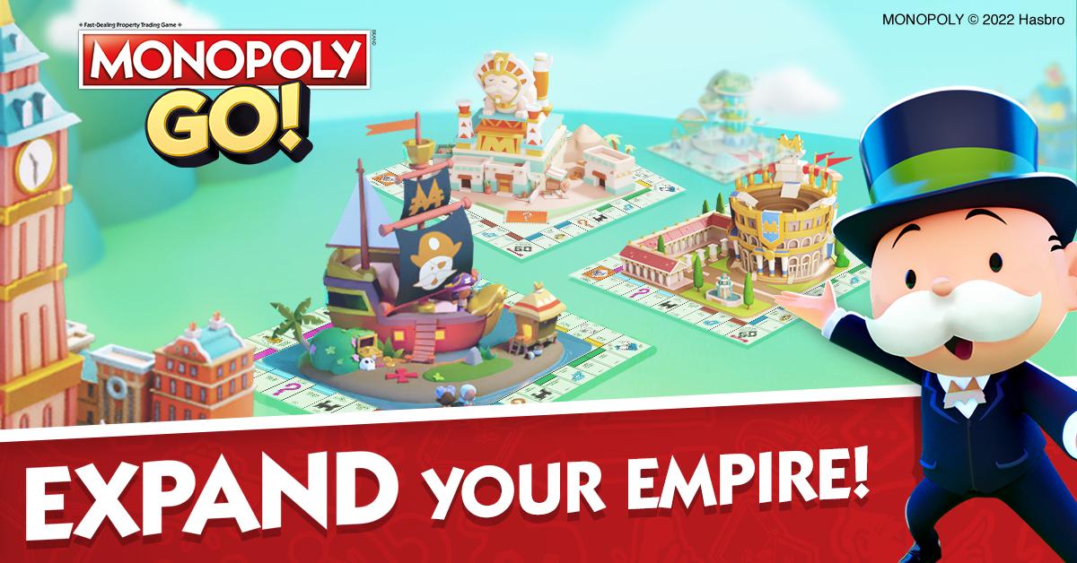 Mr. Monopoly spreads his arms in front of the model of the buildings on the map, with the text "Expand your empire!"