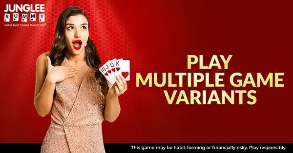 an image ad of Junglee Rummy showing an excited female player